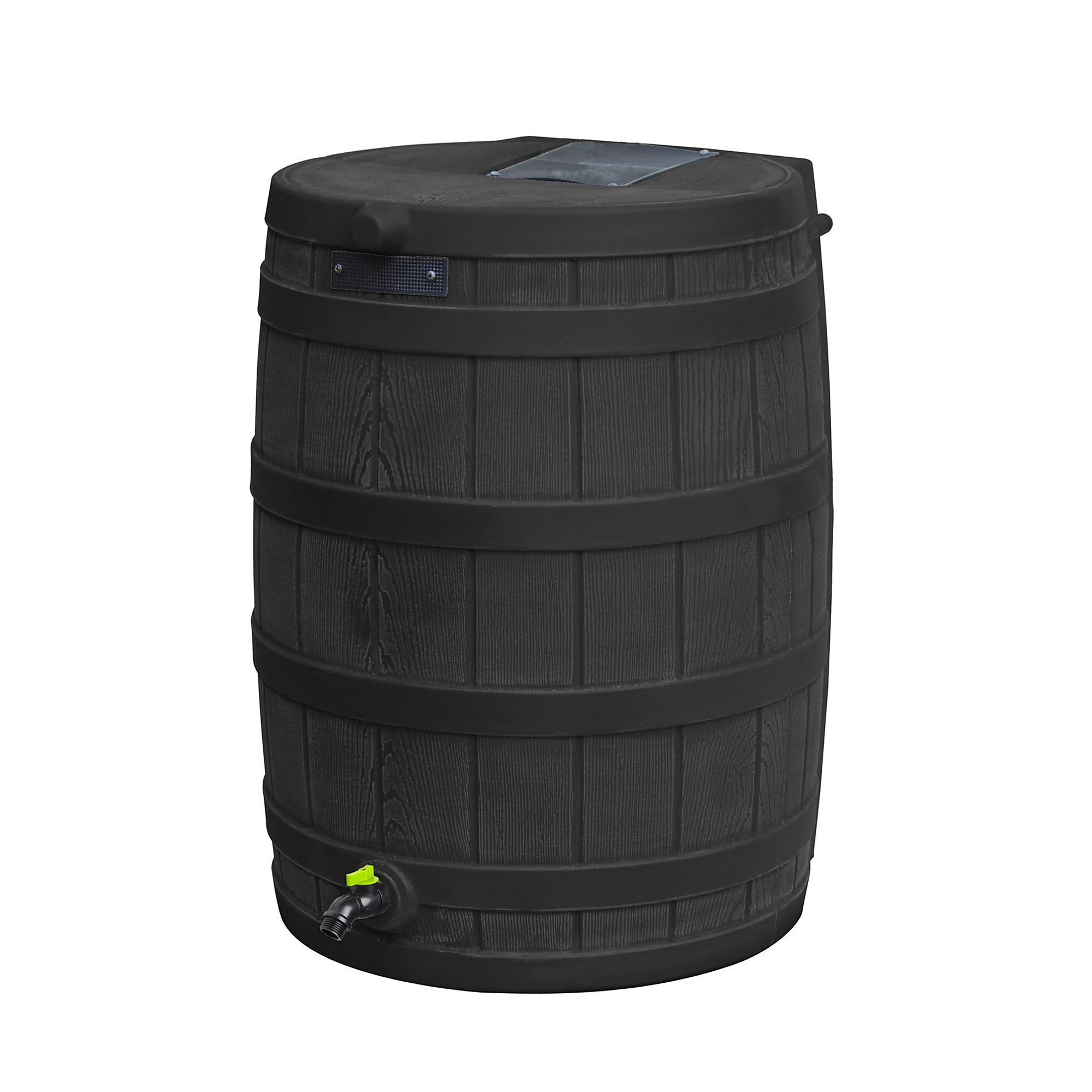 Good Ideas Rain Wizard Eco Rain Barrel — 50 Gallon, Recycled Material, Faux Oak Design, Black, Model# GI-REC-RW50-BLK